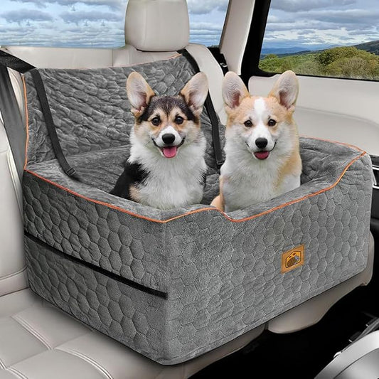 Dog Car Seat for Medium/Large Dog Booster Seat Under 60 lbs or 2 Small Dogs, Multi-Functional Pet Car Seat with Thick Cushion, 2 Safety Leashes (Gray)-PawvioPets