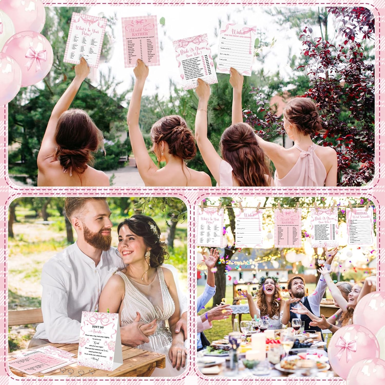 Estune 331 Pcs Bridal Shower Games Supplies, 5 Sets 250 Pcs Wedding Cards 1 Put a Ring on It Bridal Shower Games with 60 Rings and 20 Pencils (Coquette Pink Bow)