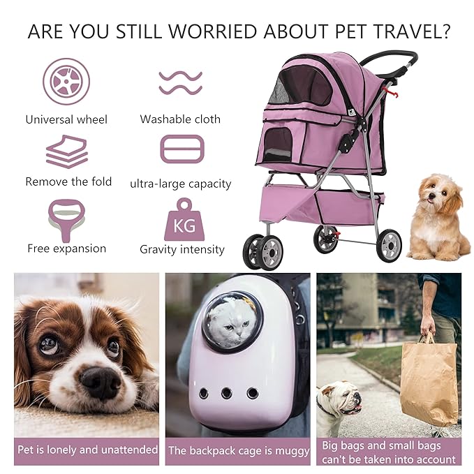 Dog Stroller,3 Wheels Travel Folding Pet Stroller for Small Medium Dog Cat Jogger Stroller with Storage Basket Removable Liner Pink-PawvioPets