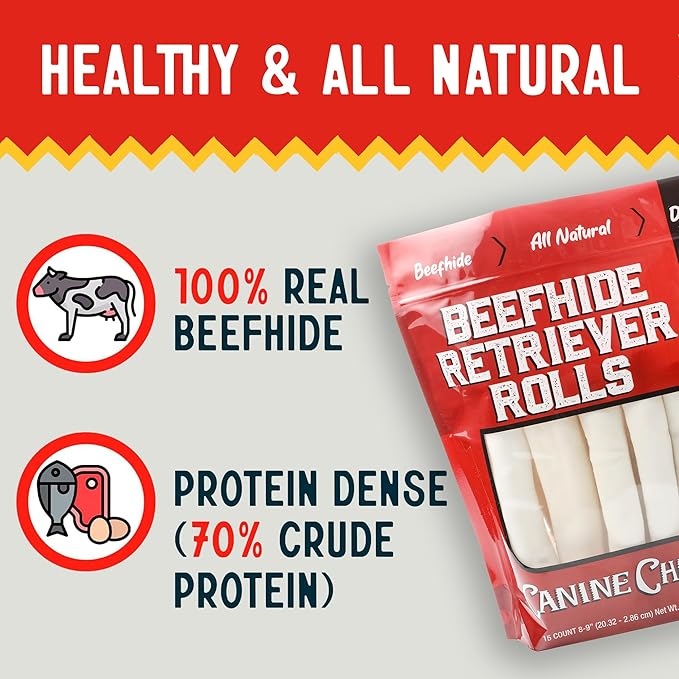 Canine Chews 8-9" Retriever Rolls for Large Dogs - Pack of 15 All-Natural Beef Hide Dog Chews for Aggressive Chewers - 3.7 lb.-PawvioPets