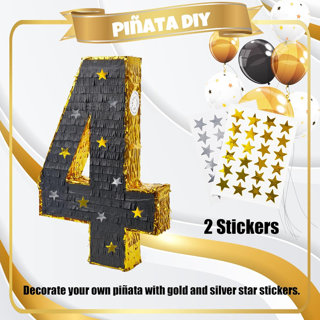 PCFING 20 Inch Number 4 Piñata Gold Black with 30 Inch Piñata Stick Blindfold Confetti for Man Women Boys Girls Birthday Party Decorations, Anniversary Celebration, Fiesta