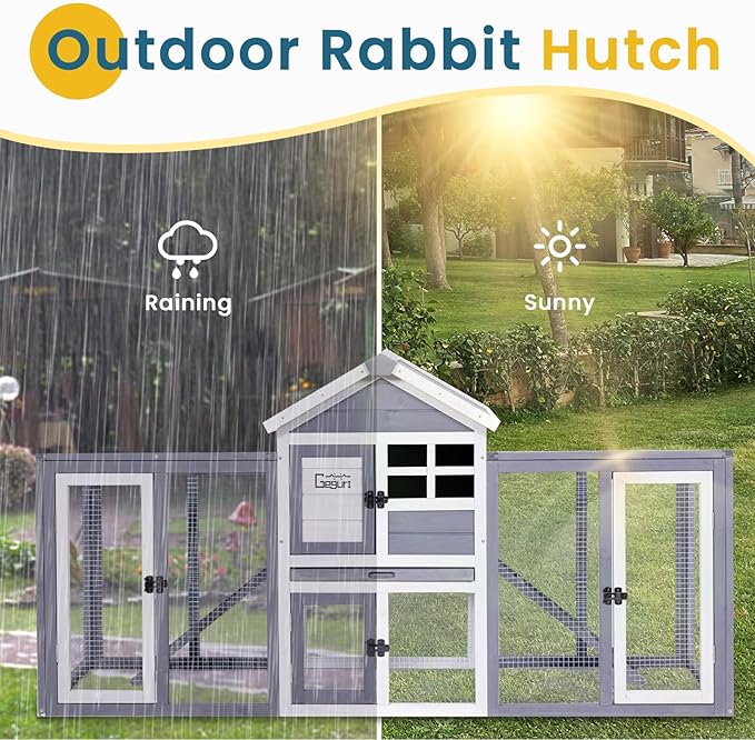 GEGURI Wooden Rabbit Hutch, Indoor Outdoor Chicken Coop Bunny Cage with Waterproof Roof-PawvioPets