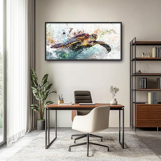 Extra Large Framed Sea Turtle Wall Art,Oversized Abstract Colorful Sea Nautical Wall Decor Pictures for Living Room,Canvas Print Painting Modern Artwork Bedroom Office Bathroom Home Decor 60L x30W-PawvioPets