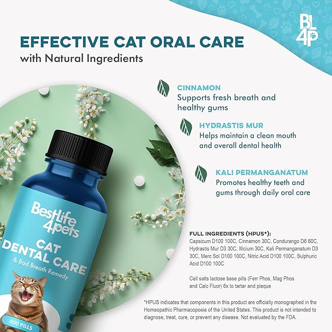 Cat Bad Breath & Oral Health Remedy, Natural Dental Care Cats Teeth, Mouth and Gums, Easy to Use Daily Supplement for Stomatitis, Gingivitis, Plaque & Tartar Control for Cats, 800 Small Pills-PawvioPets
