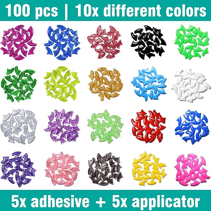 10x Colors / 100 pcs Cat Nail Caps | Cat Claw Covers with Adhesives and Applicators | Alpha (S)-PawvioPets