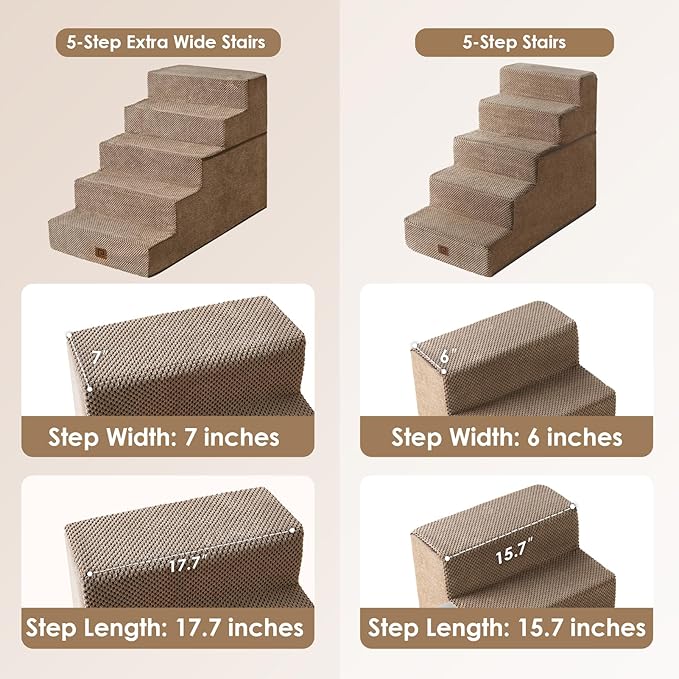 EHEYCIGA Dog Stairs for High Bed 25" H, 5-Step Extra Wide Dog Steps for Bed, Pet Steps for Small Dogs and Cats, Non-Slip Balanced Pet Ramp Indoor, Camel-PawvioPets