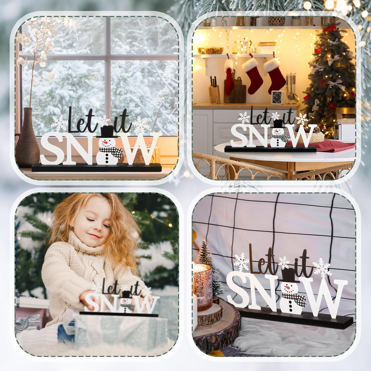 Winter Metal Sign Let It Snow Table Decor Christmas Tiered Tray Decor with Wooden Base Metal Black and White Snowman Snowflake for Xmas Home Tabletop Centerpiece Mantel Shelf Fireplace