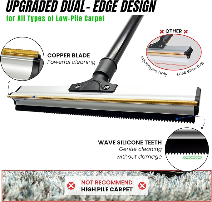 2025 Dual-Edge Carpet Rake for Pet Hair Removal & Fluffing Matted Carpet – 61" Adjustable Handle, Deep Clean Dog & Cat Hair Remover, Reusable Scraper for Rugs, Low Pile Carpet, Couch & Stairs-PawvioPets