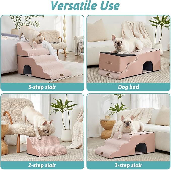 Extra Wide Dog Stairs with Tunnel, Detachable Large Pet Step for Small Medium Dog, Puppy or Cat, Ramp for High Bed, Couch, Sofa or Car, Stable, 19.7x33x22.4 inch, 5 Step, Pink-PawvioPets