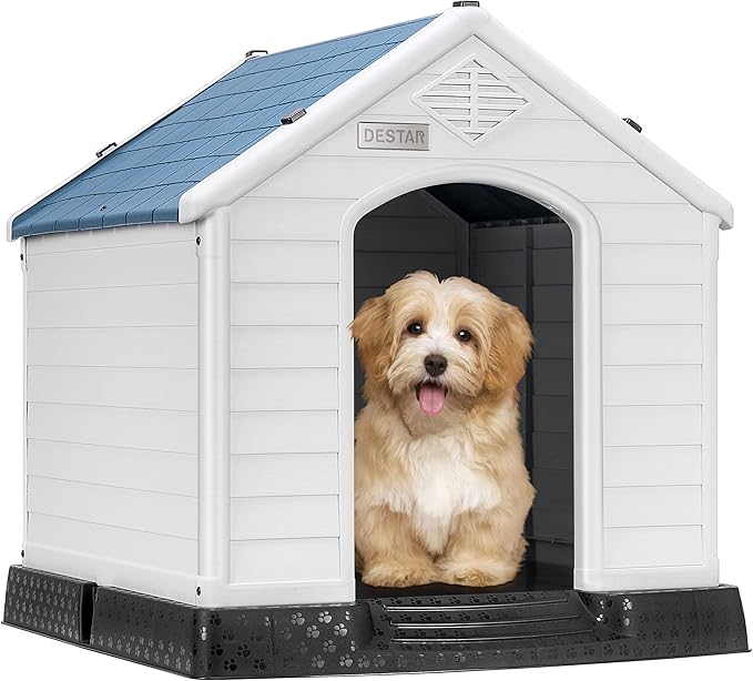 DEStar Durable Waterproof Plastic Pet Dog House Indoor Outdoor Puppy Shelter Kennel with Air Vents and Elevated Floor (Medium - 28" Height)-PawvioPets
