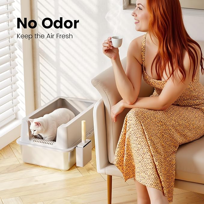 2 Pack Stainless Steel Cat Litter Box - Enclosed XL Metal Kitty Litter Box with Lid for Big Cats, High Sided, Anti-Leakage, Easy Cleaning, Non-Sticky, Included Cat Litter Spoon-PawvioPets