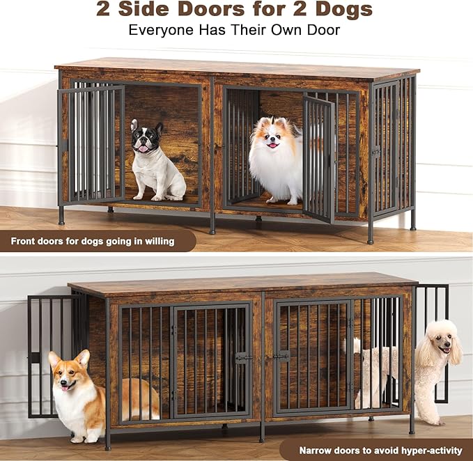 EasyCom 63" Dog Cage Furniture for 2 Pets with Divider, XL Wooden Double Dog Crate Furniture TV Stand for Mideum Breed, Durable and Sturdy-PawvioPets