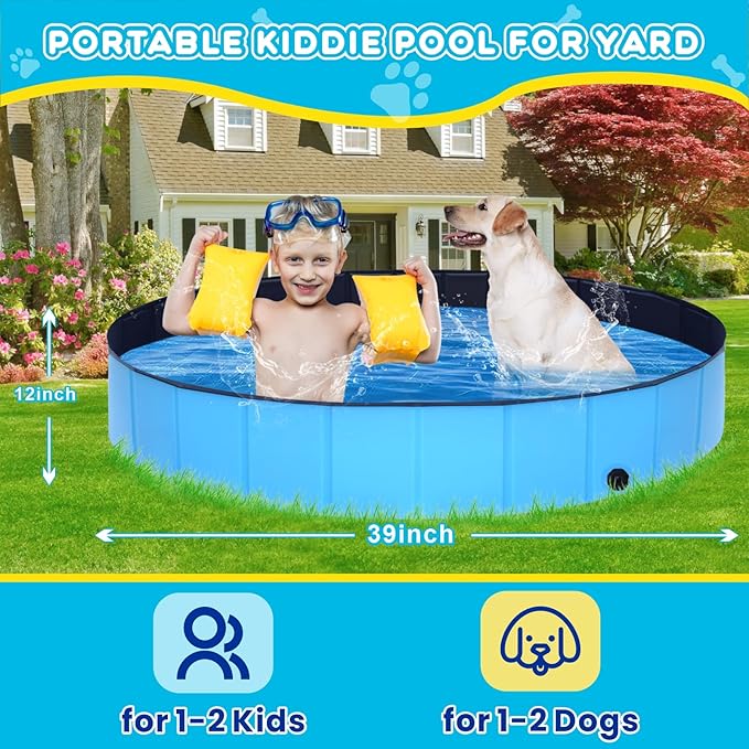 Foldable Dog Pool,39" Collapsible Dog Kids Swimming Pool for Backyard, Portable Kiddie Pool Hard Plastic,Multifunction Ball Pit Pets Bathing Tub for Kids Baby Toddler Dog-PawvioPets