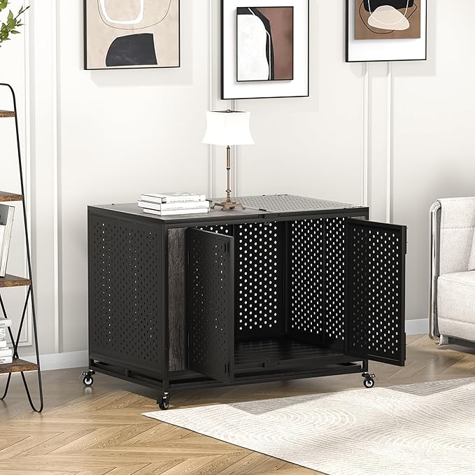 42" Heavy Duty Dog Crate Furniture for Medium and Large Dogs, Enclosed Design with 0.5 inch Holes, Indestructible Metal Kennel for High Anxiety Dogs, Chew Proof Indoor Pet House Cage, Gray-PawvioPets