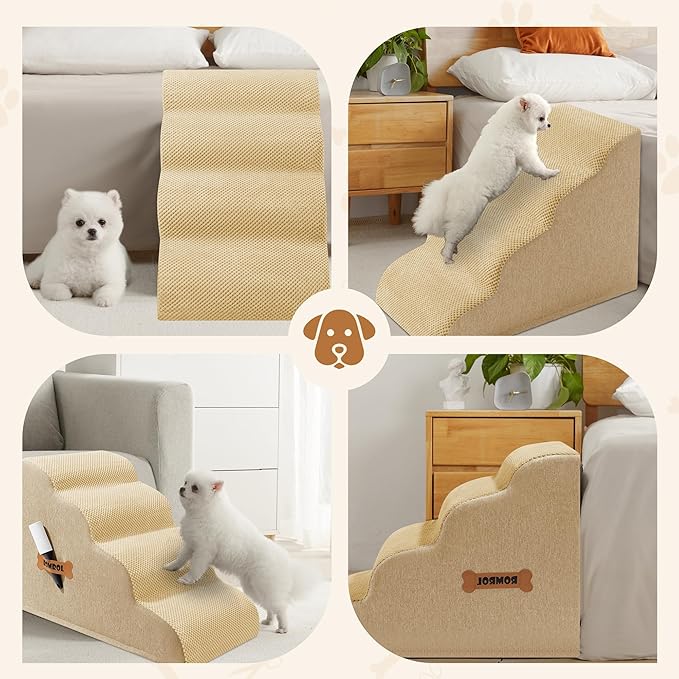 Dog Stairs, Romrol Dog Steps Ramp for High Bed and Couch, Dogs Ramp with Durable Non-Slip Waterproof Fabric Cover, Pet Stairs for Small Dogs and Cats or Pets Joints, 4-TiersBeige-PawvioPets