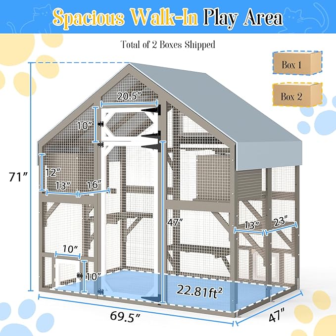 Cat Catio Outdoor Enclosure for Multiple Cats, Large Wooden Walk-in Cat House with Window Connection, 2 Condos, Platforms, Doors, and Weatherproof Roof Cover (69.5" L x 47" W x 71" H)-PawvioPets