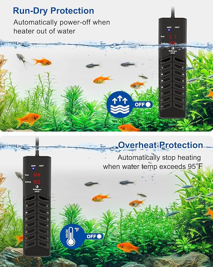 fishkeeper 500W Submersible Aquarium Heater – Ultra-Safe Digital Fish Tank Heater for 53-130 Gallon, Leaving Water Auto Power-Off, PID Intelligent Fast Heating, 59°F-93°F Accurate Temperature Control-PawvioPets