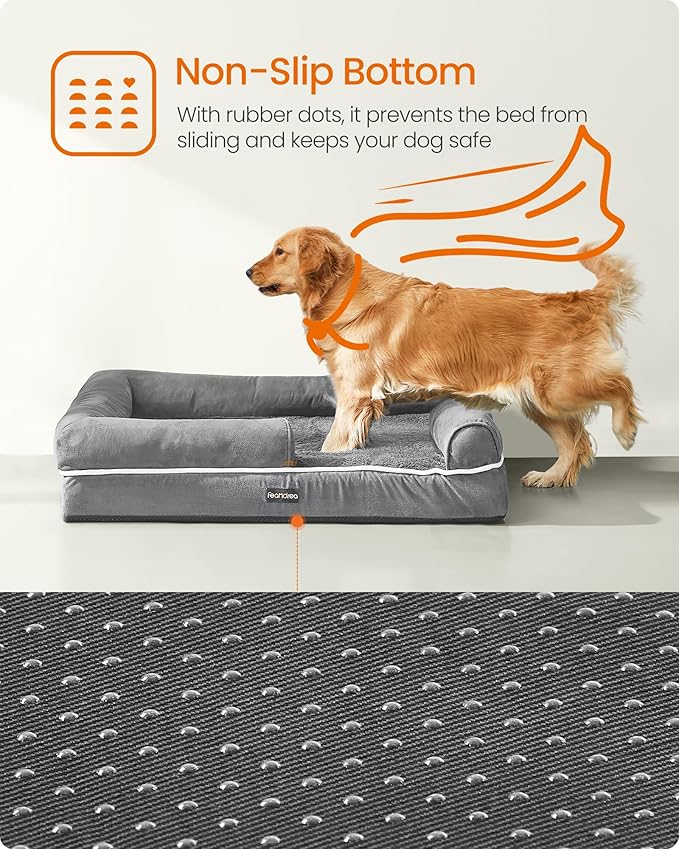 Feandrea Dog Bed, Orthopedic Large Waterproof Bed, Removable Washable Cover Dog Sofa with Non-Slip Bottom, Raised Edges, 42 x 32 x 8 Inches, Light Gray UPGW077G02V1-PawvioPets