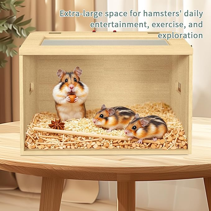 24" Hamster Cage, Top Opening Lockable Roof Door Gerbil Cage, Dwarf Hamster Cage with Hygrometer, Mice and Small Animal Habitat, Chewproof Syrian Hamster Enclosure, (Wooden, 24" L x 16" W x 16" H)-PawvioPets