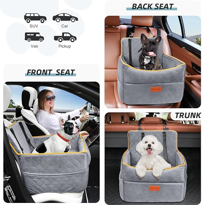 Dog Car Seat for Small Medium Dogs, Memory Foam Puppy Dog Booster Seat with Thick Cushion for Dogs Under 35lbs, Detachable Washable Pet Car Seat Travel Bed with Storage Pockets,2 Safety Belts-PawvioPets
