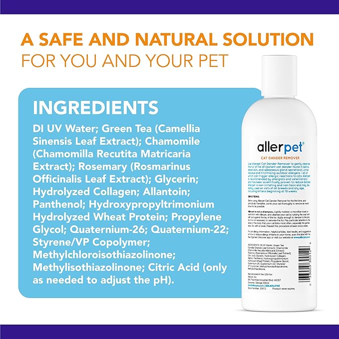 Allerpet Aloe Vera Free Cat Dander Remover - Pet Dander Allergy Relief, Natural & Safe Allergy Relief for Cats and Humans, Soothing Chamomile & Rosemary, Made in USA (12 oz)-PawvioPets
