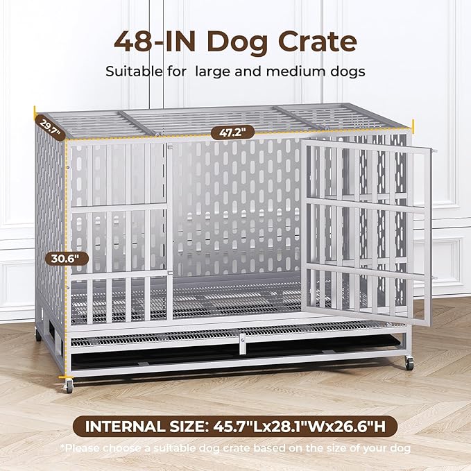 48 Inch Heavy Duty Indestructible Dog Crate Steel Escape Proof, Indoor Double Door High Anxiety Cage, Kennel with Wheels, Removable Tray,Silver,Extra Large XL XXL-PawvioPets