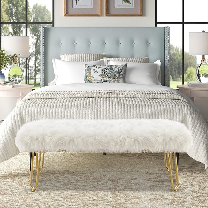 42.5Inch White Bedroom Bench, Benches for Bedroom White Faux Fur Upholstered Bed end Bench, Tufting Bench Indoor Bench with Metal Legs for Living Room Bedroom Dining Room Entryway-PawvioPets