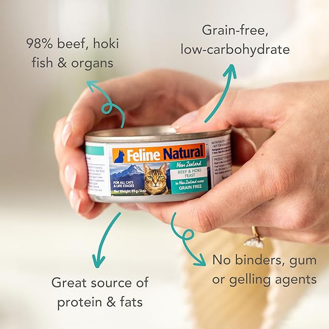 Feline Natural New Zealand Canned Catfood Wet Food, High-Meat, Low-Carb, & Grain Free Cat Food Wet, Beef & Hoki Feast, 3 oz, Pack of 24-PawvioPets