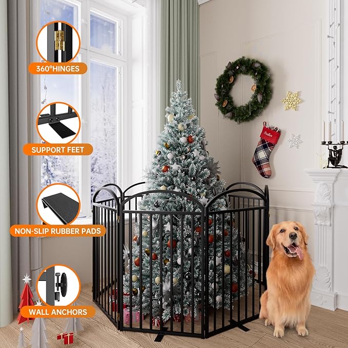 8 Panles Full Matel Freestanding Dog Gates with Door, 192"Extra Wide 36"Tall Free Standing Dog Pet Gate for Indoor & Outdoor. Foldable Pet Fences for Doorways, House, Stairs, Porch, Deck, Yard-PawvioPets