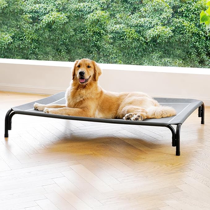 Elevated Dog Bed Raised Outdoor Dog Cot for Extra Large Dogs, Installation Requires No Tools, Frame with Washable Cooling Breathable Mesh Anti-Slip Feet, Indoor Pet Bed, Grey, 48.8 Inches-PawvioPets