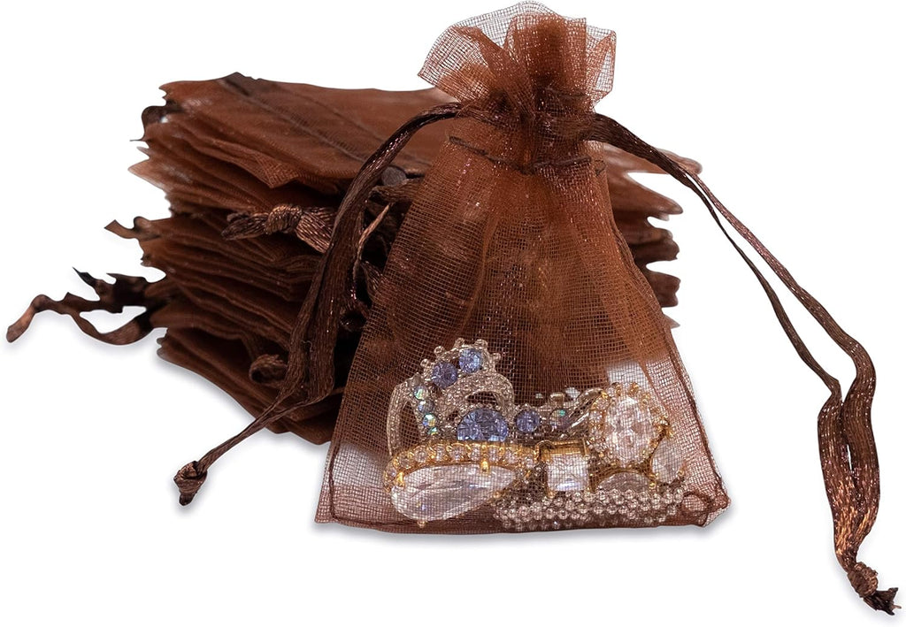 TheDisplayGuys 100-Pack XS 2 x 2 3/4" Brown Sheer Organza Gift Bags with Drawstring, Jewelry Candy Treat Wedding Party Favors Mesh Pouch