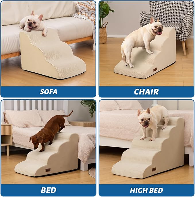 5-Step Dog Stairs and Ramp for High Bed,Non-Slip Sturdy Pet Steps for Small Dogs and Cats,22.2" H,Beige-PawvioPets