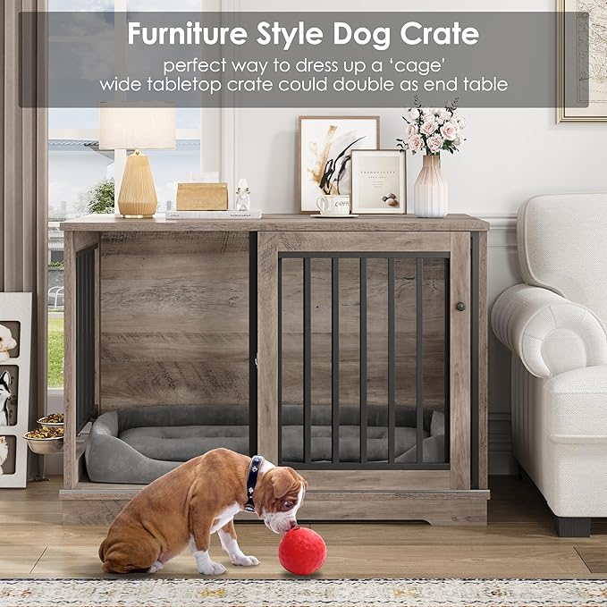 Dog Crate Furniture 47” Large Dog Kennel for Dogs Indoor, Heavy Duty Dog Cage with Sliding Door and 2 SUS Bowls Wooden End Table in Living Room for Small Medium Large Dogs, Rustic-PawvioPets