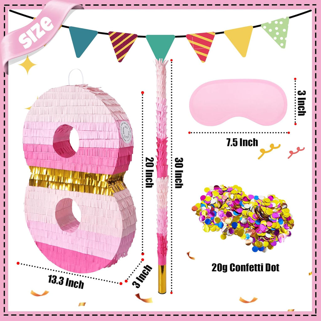 PCFING 20 Inch Number 8 Piñata Pink Gold with 30 Inch Piñata Stick Blindfold Confetti for Boys Girls Adults Birthday Party Decorations, Anniversary Celebration, Fiesta