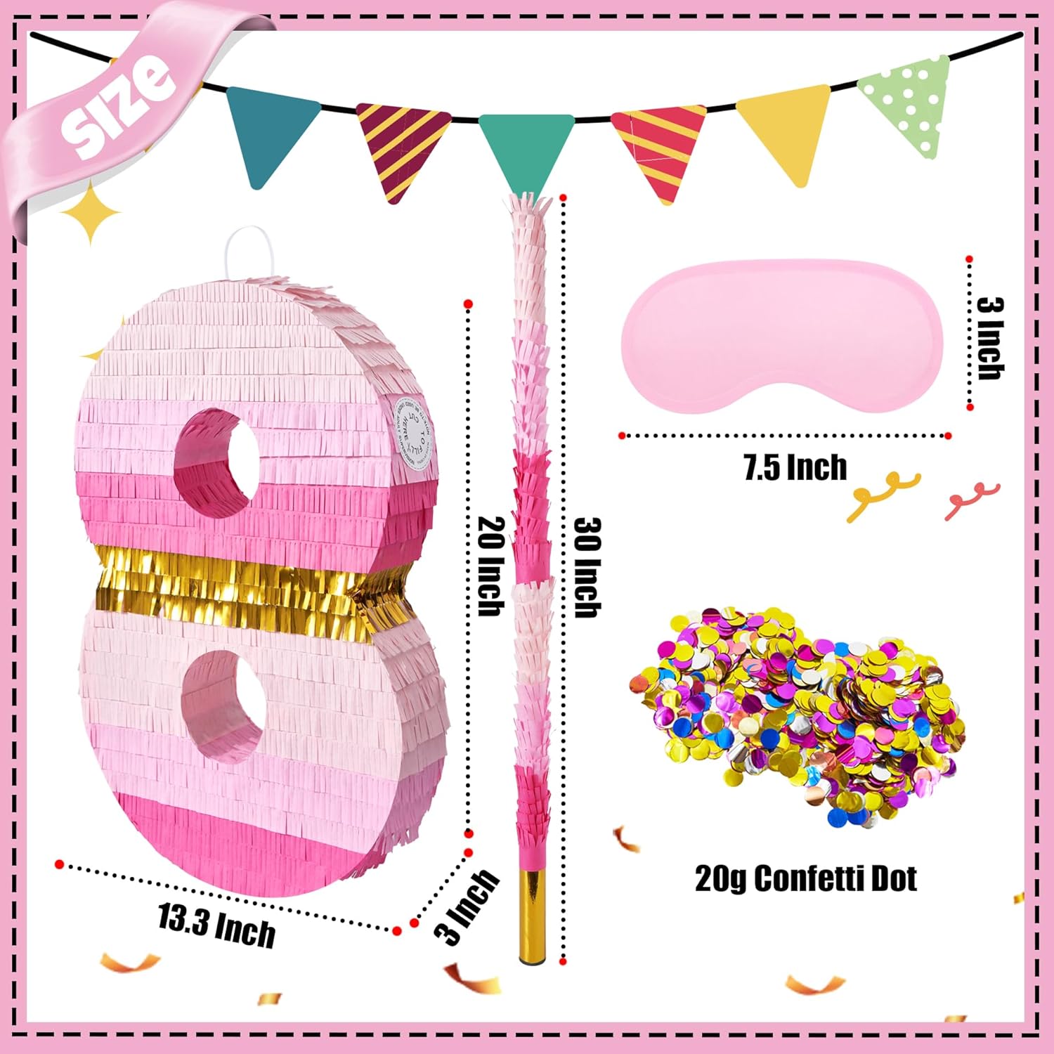 PCFING 20 Inch Number 8 Piñata Pink Gold with 30 Inch Piñata Stick Blindfold Confetti for Boys Girls Adults Birthday Party Decorations, Anniversary Celebration, Fiesta
