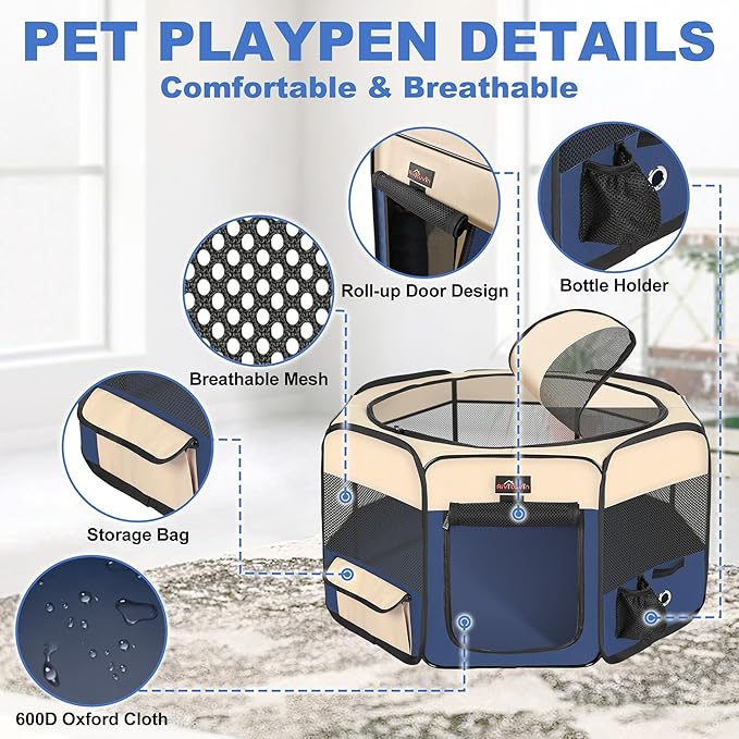Aivituvin Dog Playpen Foldable Waterproof Pet Play Pens for Cat, Puppies, Rabbits, Chickens, Durable Portable Pet Tent for Travel Camping Indoor/Outdoor Blue XL-PawvioPets