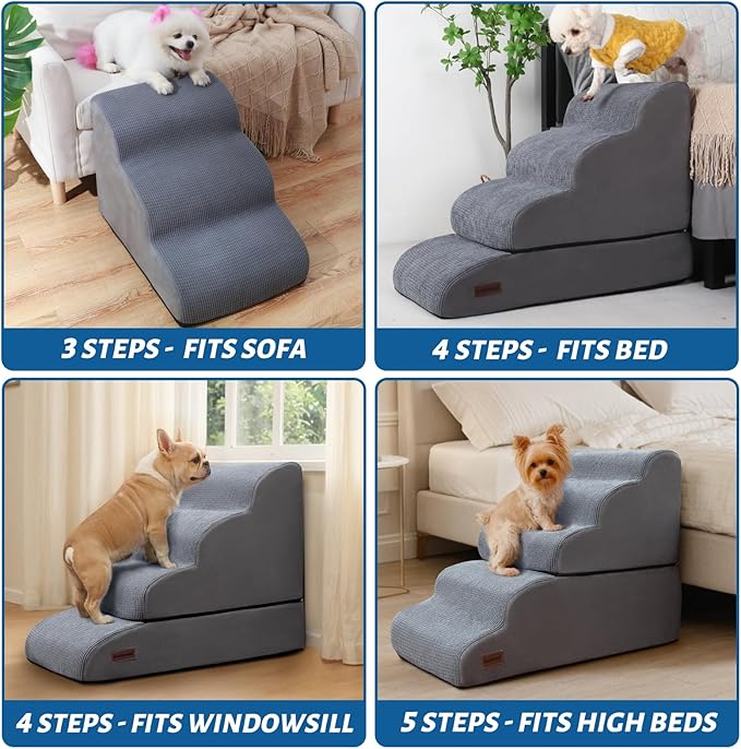 4-Step Dog Stairs and Ramp for Beds or Couches – Non-Slip Sturdy Pet Steps for Small Dogs and Cats,21" H,Grey-PawvioPets