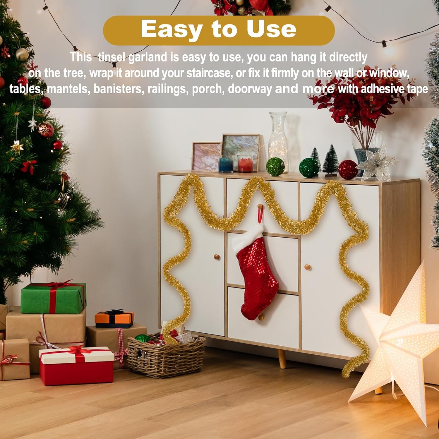 50 Feet Champagne Gold Christmas Tinsel Garland, Metallic Foil Twist Garland Wall Hanging Tinsel Banner Backdrop for Parade Floats, Easter, Mother's Day, Wedding Party Decorations (2in x 50ft)