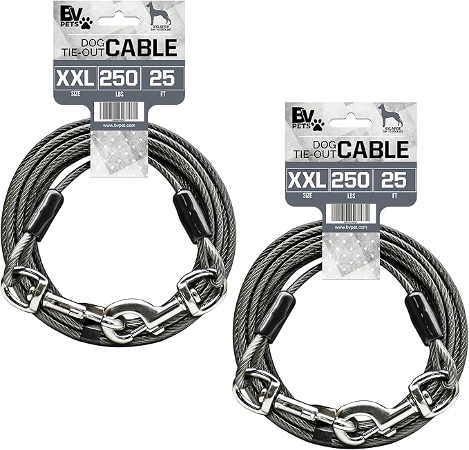BV Dog Tie Out Cable 25 Feet - Heavy Duty Dog Lead Up to 250 Pounds - Reflective & Rust-Free with Quick Release Swivel Clips & 360° Rotating Clasp - Tangle-Free Dogs Runner for Yard (Grey, Pair)-PawvioPets