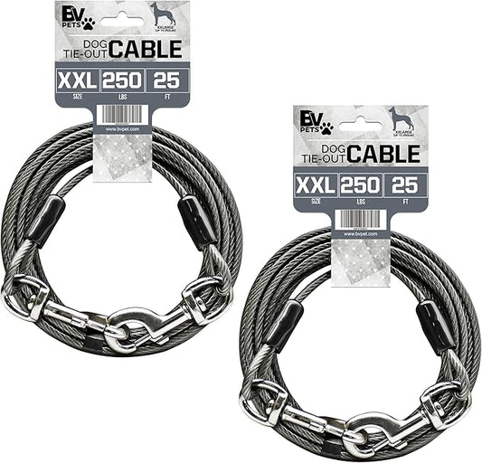 BV Dog Tie Out Cable 25 Feet - Heavy Duty Dog Lead Up to 250 Pounds - Reflective & Rust-Free with Quick Release Swivel Clips & 360° Rotating Clasp - Tangle-Free Dogs Runner for Yard (Grey, Pair)-PawvioPets