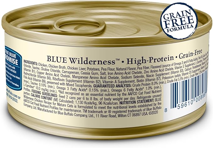 Blue Buffalo Wilderness High-Protein & Grain-Free Wet Cat Food Paté for Adult Cats 7+, Made with Natural Ingredients, Chicken Recipe, 3-oz. Cans (24 Count)-PawvioPets