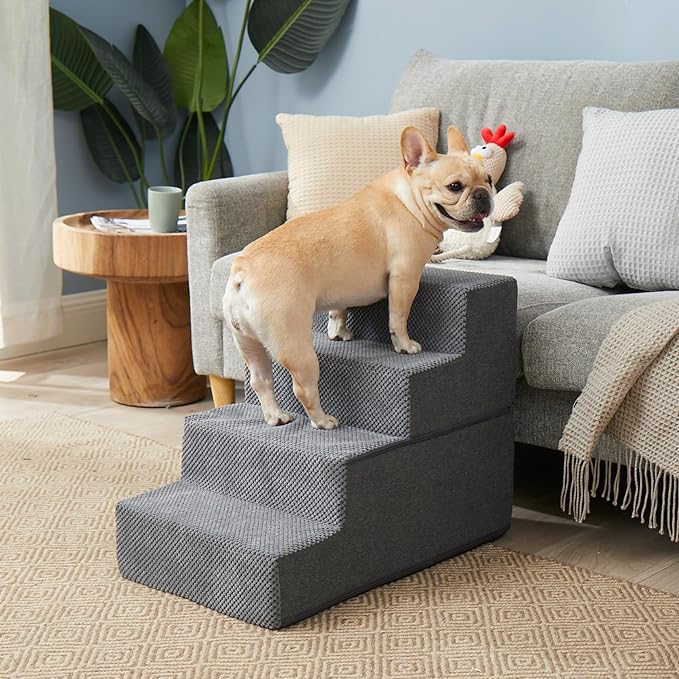 EHEYCIGA Dog Stairs for Bed 18" H, 4-Step Dog Steps for High Bed, Pet Steps for Small Dogs and Cats, Non-Slip Balanced Pet Ramp Indoor, Grey-PawvioPets