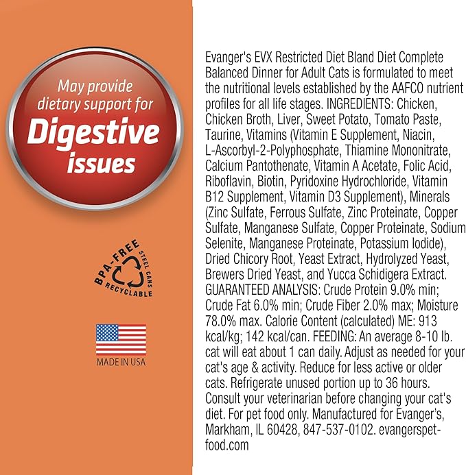 Evanger's EVX Restricted Diet Bland Diet Canned Cat Food – 24 Count, 5.5 oz Each – Chicken & Sweet Potato Recipe with Prebiotics & Postbiotics for Digestive, Microbiome & Gut Health Support-PawvioPets