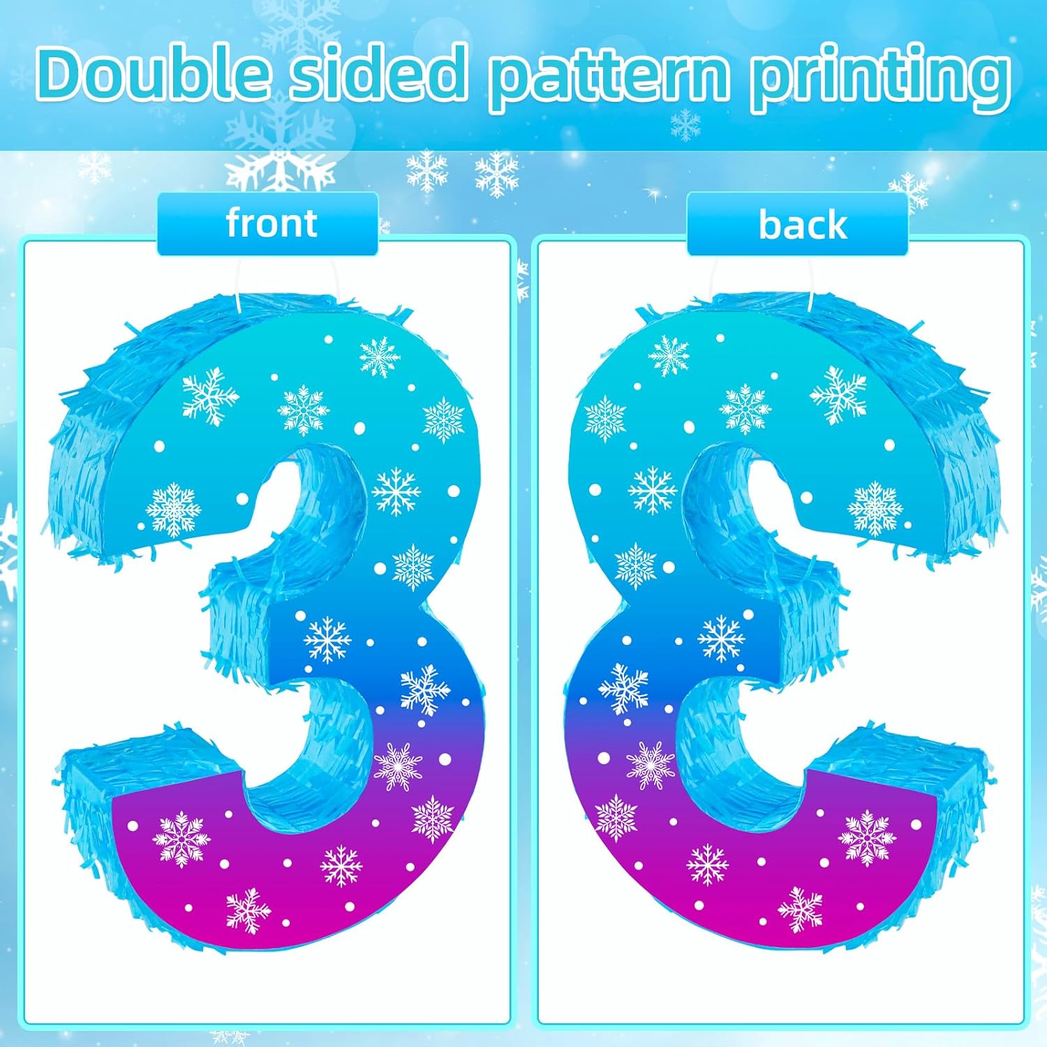 Snowflake Birthday Decorations, Winter Ice Snowflake Number 3 Pinata with Stick Blindfold and Confetti Snowflake Piñata 3rd Birthday Party Decoration & Supplies (Snowflake 3)