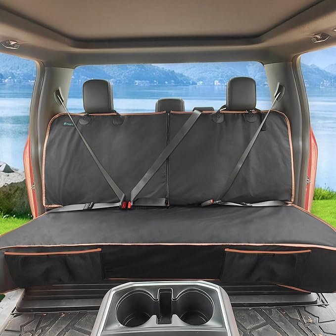 Dog Car Seat Cover for Back Seat, Waterproof PU Leather Bench Seat Covers for Trucks Ford F 150/Ram 1500/Chevy Silverado/GMC Covers, Non-Slip Back seat Pet Cover for Dogs in Car, Easy to Use and Clean-PawvioPets