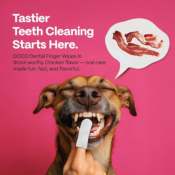 DOCO Dog Teeth Cleaning Wipes Dental Finger Wipes for Cats & Dogs Remove Plaque & Tartar, Freshen Breath, No Rinse, Easy & Effective Pet Tooth Cleaning Kit for Oral Care, Bacon Flavor, 50 Count-PawvioPets