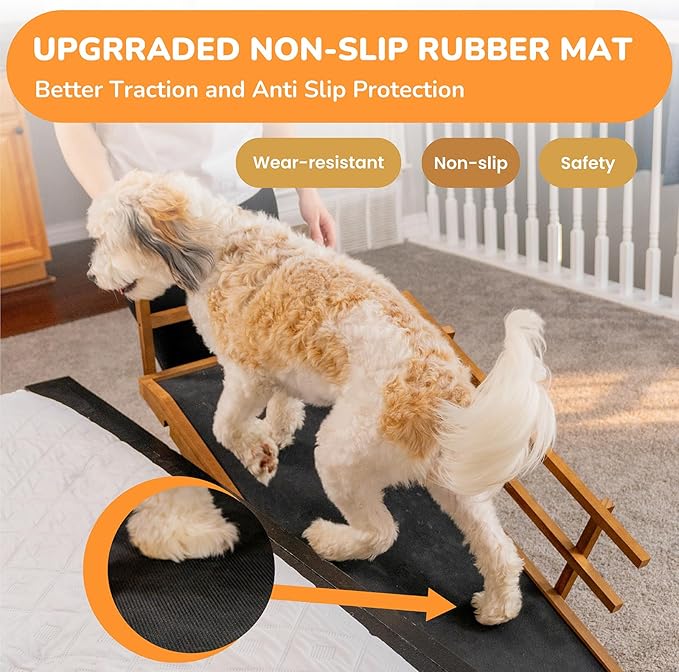 Dog Ramp for Bed, Adjustable Pet Ramps for Dog to Get on Bed, Non-Slip Rubber Surface - Folding Wooden Dog Ramp for Small/Large/Old Dogs, Adjustable up to 23.5 inch High Beds, Safety Railings-PawvioPets