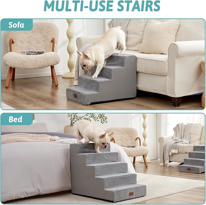 Dog Stairs for Small Dogs, 5 Tier Wider Pet Stairs for High Beds, 23.6" H Non-Slip Dog Steps for Old Cats, Puppies, Small Medium Dogs, 29.5x19.7x23.6 inch, Grey-PawvioPets