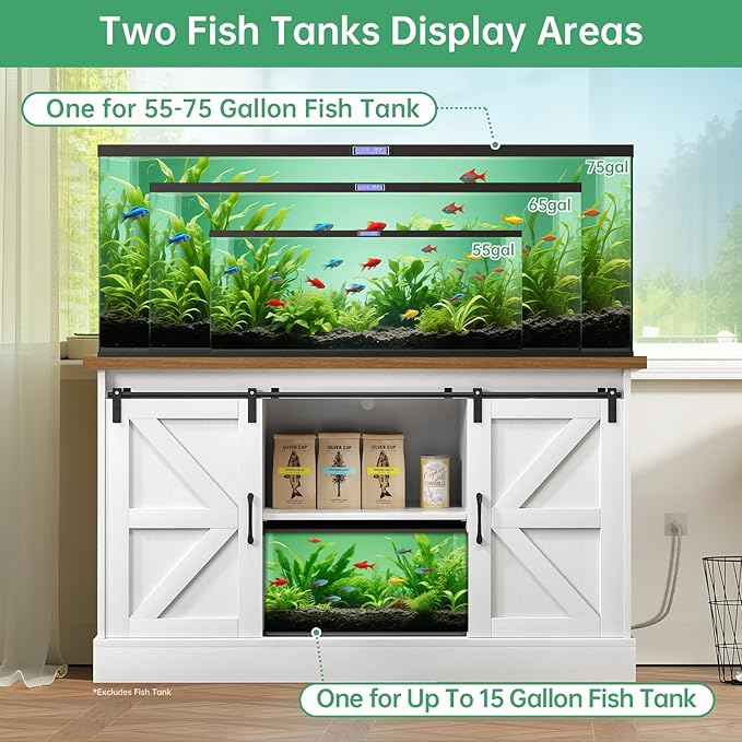 Fish Tank Stand Up to 75 Gallon, Aquarium Stand with Sliding Barn Doors & Power Outlet, White Farmhouse Style Stand with Cabinet Storage for Fish Tank, Turtle Tank, Reptile Terrarium,1000LBS Capacity-PawvioPets