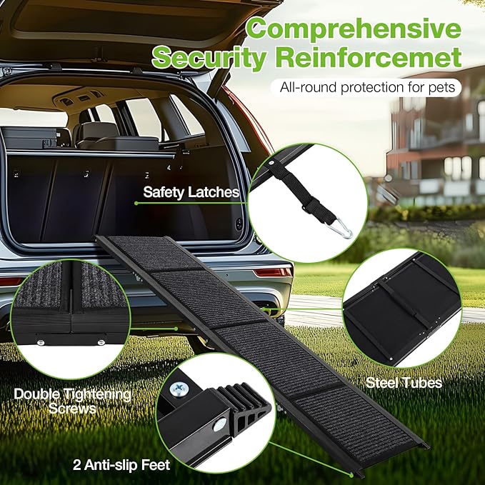 FAHKNS Dog Ramp for Car, 71" x 17" Extra Long Wide Folding Pet Ramp, Non-Slip Rug Surface, Aluminum, Black, Up to 300 LBS-PawvioPets